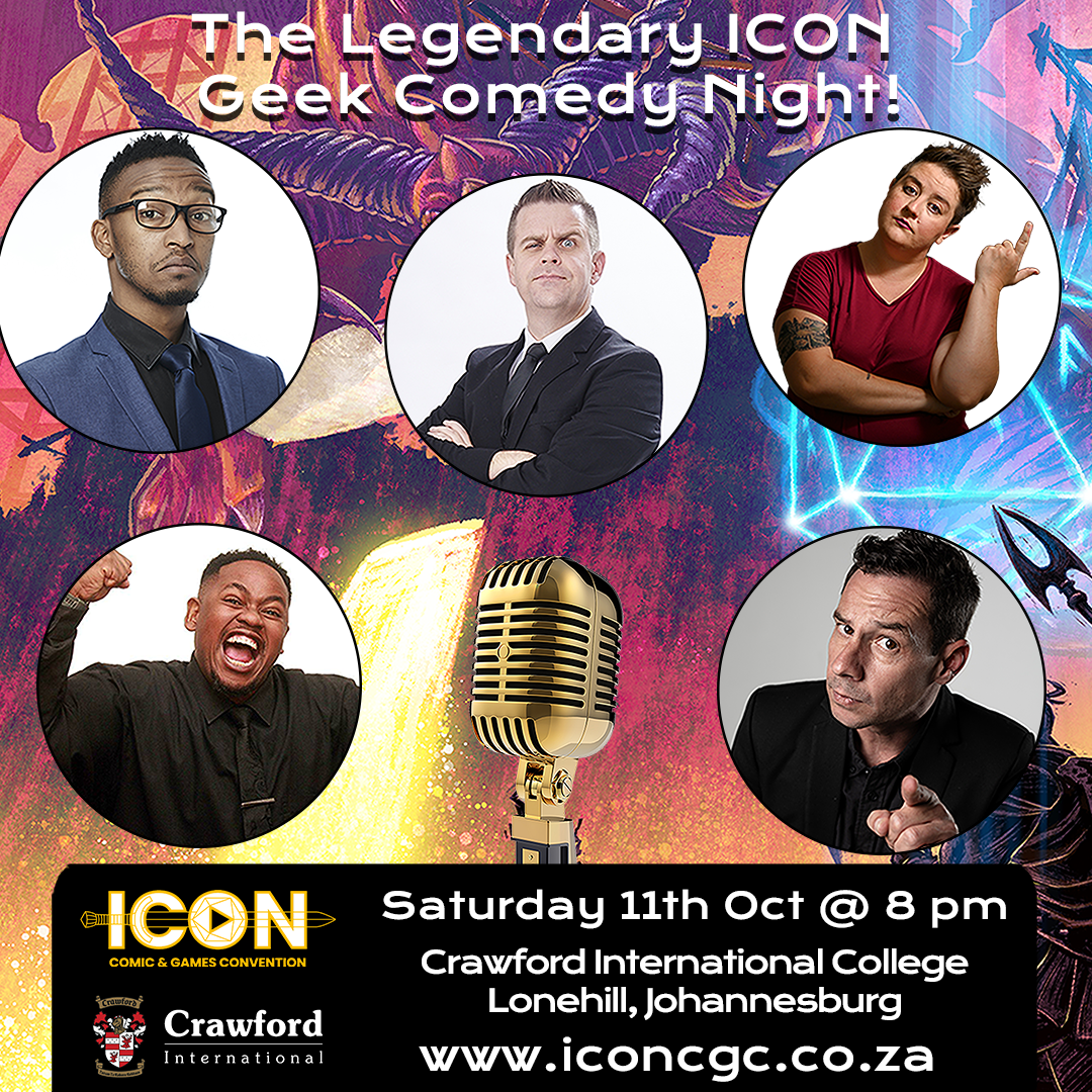 ICON Comedy Night image with all five comedians Hannes Brummer, Jaxx Justice, Mojak Lehoko, King Nqoba Ngcobo, and Warren Robertson